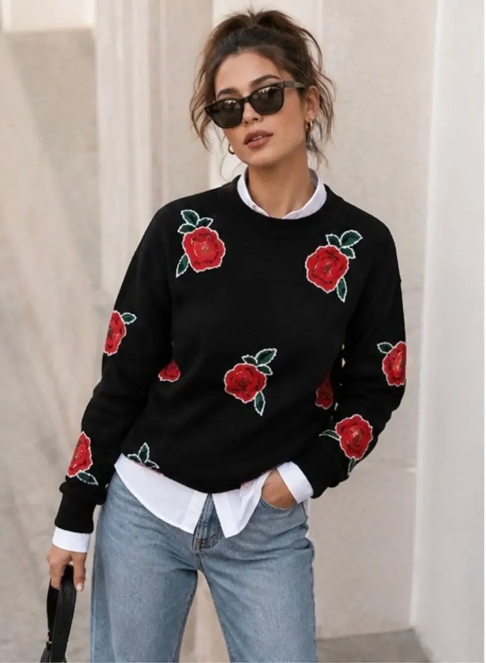 Lacoste LIVE Black Red Rose Floral Knit Sweater Crew Neck Cotton Blend XS S